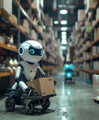 Wall Mural - Photo of an AI robot pulling boxes on a cart, standing in front of a warehouse background, with a cool tone and light blue and silver color scheme