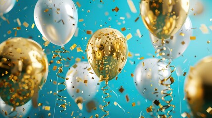 Canvas Print - Gold and white balloons with confetti