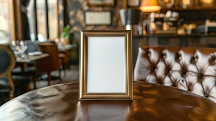 Blank menu frame on a leather-topped table in a stylish boutique cafe.