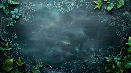 Elegant Chalkboard Background with Decorative Green Leaves and Floral Patterns for Creative Designs