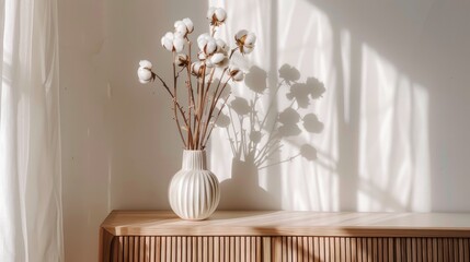 Wall Mural - Scandinavian style interior featuring cotton flower arrangement on a dresser