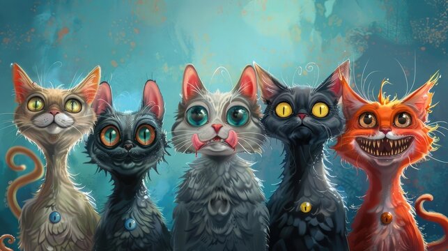 group of funny cats strange monsters created with Generative AI technology