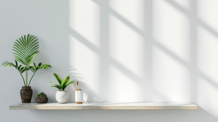 Sunlit window display of three potted plants on wooden shelf for home decor and wellness