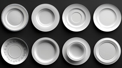 Canvas Print - Variety of white plates of different sizes and shapes on black background directly from above  