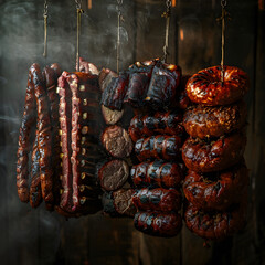 Poster - a bunch of sausages are hanging from hooks on a wooden wall