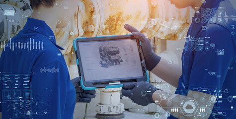 Aufkleber - Engineers inspecting machines with digital technology concept.
