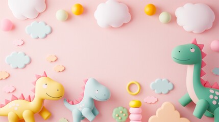 Colorful dinosaur toys on pink background with clouds and balls.