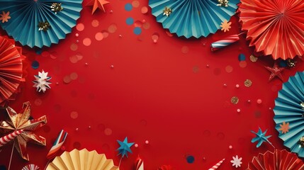 Wall Mural - Paper Fans and Confetti on Red Background