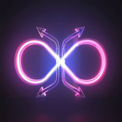 Infinity symbol with interconnected arrows neon glowing, front view, symbolizes endless flow and continuity, cybernetic tone, Analogous Color Scheme