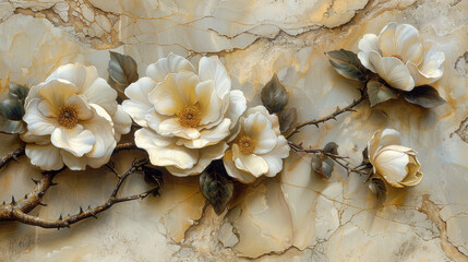 Wall Mural - panel wall art, wall decoration, marble background with flowers designs