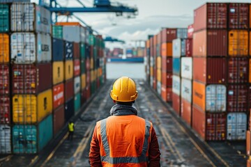 A dock worker in a reflective vest and hard hat surveys stacked containers at an industrial port. The scene showcases the vastness of shipping operations and labor intensity.