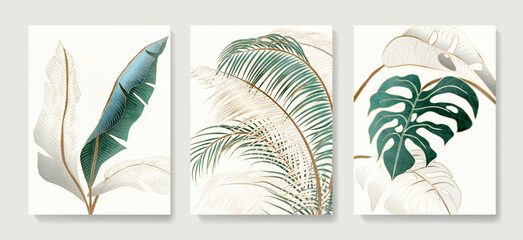 Wall Mural - luxury set of tropical leaf posters in white and green with gold line elements. botanical art backgr