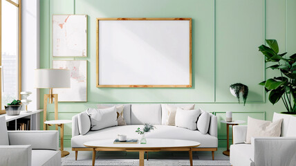 Wall Mural - Blank wooden frame mockup hanging on wall of living room for artwork placement