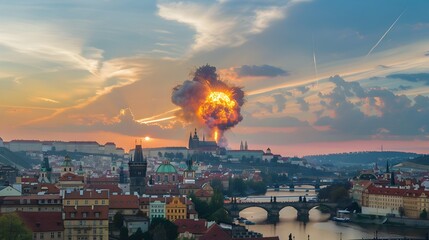 Wall Mural - Simulated Nuclear Explosion Engulfs Iconic Prague Skyline