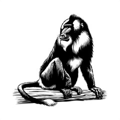 Mandrill, baboon in black and white animal drawing,