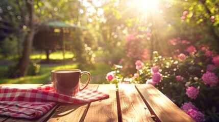 A cup of coffee is sitting on a checkered tablecloth in a garden. Generate AI image