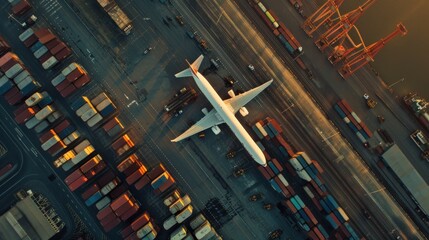 Wall Mural - A large airplane is flying over a busy airport with many trucks and containers. Generate AI image