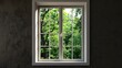 © horizon - An aluminum window with white trim and clear glass, centered on the frame. The background is dark brown walls, and there's green trees outside the window. no furniture in front or behind it.
