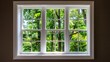 © horizon - An aluminum window with white trim and clear glass, centered on the frame. The background is dark brown walls, and there's green trees outside the window. no furniture in front or behind it.