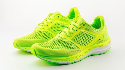 Wall Mural - a pair of running shoes, athletic fashion footwear, neon green, isolated on white background