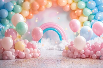 Wall Mural - A colorful room with a rainbow arch and many balloons