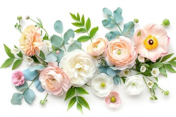 a spring floral arrangement, seasonal decoration, pastel flowers, green leaves, isolated on white background