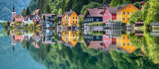 Scenic view of colorful homes along a European lake, clear water reflecting the vibrant houses. 32k, full ultra HD, high resolution.