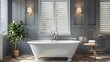 © horizon - Modern French style bathroom, freestanding bathtub with white wooden shutters on the window, grey walls and herringbone wood floor, table next to tub for resting items.