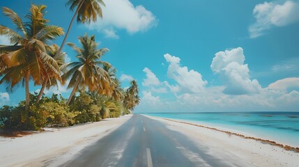Wall Mural - A coastal road with palm trees on the left and white sandy beach to the right, blue sky with clouds in background, Maldives style.