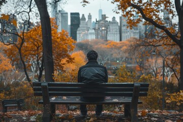 A person in a black jacket sits alone on a park bench in Central Park with an autumnal scene and the Manhattan skyline in the background, reflecting solitude and contemplation.