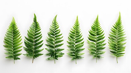 Wall Mural - Vibrant green fern leaves, organized neatly against a stark white backdrop, highlighting the intricate patterns and textures of the foliage.