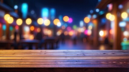 Wall Mural - Night view, blurred bokeh lights background, and empty wooden table with neon light bokeh background. blur, blurred, blurry, bokeh, counter, desk, display, montage, product, room, bar, interior, night