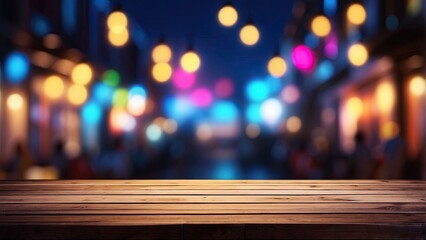 Wall Mural - Night view, blurred bokeh lights background, and empty wooden table with neon light bokeh background. blur, blurred, blurry, bokeh, counter, desk, display, montage, product, room, bar, interior, night