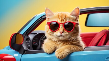 Cute cat with sunglasses in toy blue red car on yellow background, cat, lovely, pet, adorable, funny, little, animal, cute, small, yellow, auto, automobile, automotive, comical, cool, drive, driver