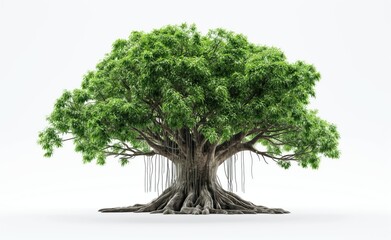 majestic banyan tree with lush green foliage and extensive root system on a white background