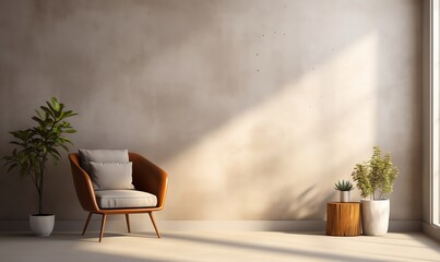 Canvas Print - Minimalist Living Room with Brown Chair and Plants