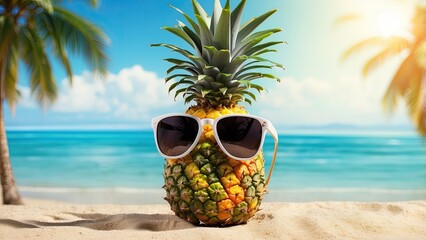 Pineapple with sunglasses on tropical beach background. Summer concept. copy space. paradise, party, exotic, fun, island, ocean, pineapple, sunglasses, tropical, blue, concept, fashion, green, healthy
