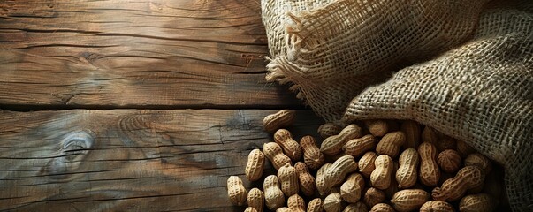 Burlap sack with peanuts on rustic wooden background, close-up view. Organic food and farming concept