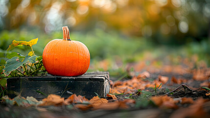 Wall Mural - orange pumpkins and lush green vines spill out of a rustic wooden wagon, nestled among autumn leaves in a sun - kissed pumpkin patch.