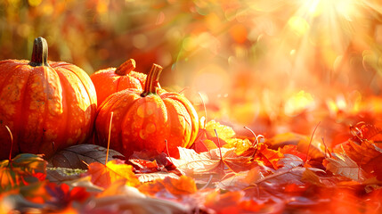 Sticker - Orange pumpkins scattered across a lush, rustling carpet of autumnal leaves, set against a warm, sunny background of golden, crimson, and amber hues.