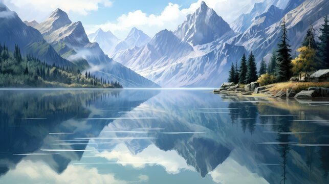 Tranquil lake reflecting towering mountains