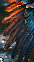 Poster - Close-up of colorful bird feathers with water droplets, artistic nature concept