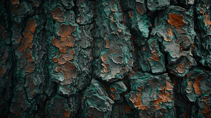 Close-up of textured tree bark with green and orange colors