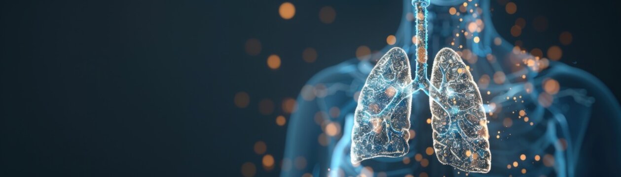 Digital illustration of human respiratory system showcasing lungs with light effects representing health and medical research.