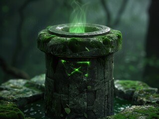 Mystical glowing green ritual candle in dark forest