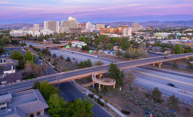 Wall Mural - Bridge crossing the Interstate 80 and downtown Reno at sunrise, Nevada, United State of America.