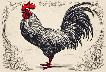 Poster - Detailed illustration of a rooster with intricate feather patterns and a prominent comb.