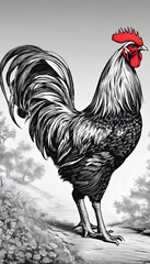 Wall Mural - Detailed illustration of a rooster with intricate feather patterns and a prominent comb.