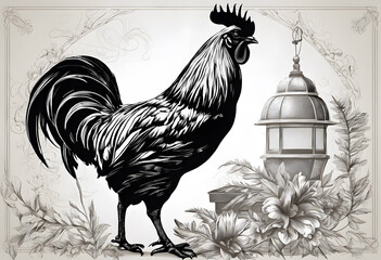 Wall Mural - Detailed illustration of a rooster with intricate feather patterns and a prominent comb.