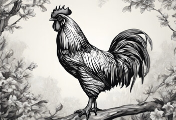 Wall Mural - Detailed illustration of a rooster with intricate feather patterns and a prominent comb.